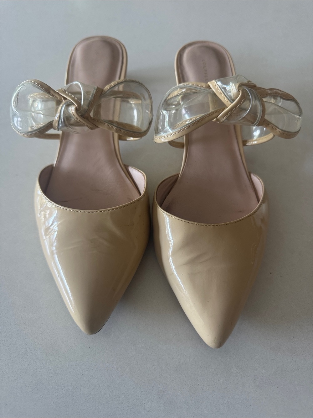 Loeffler Randall Pointed Toe Nude Patent Slide Mules with Clear Bow